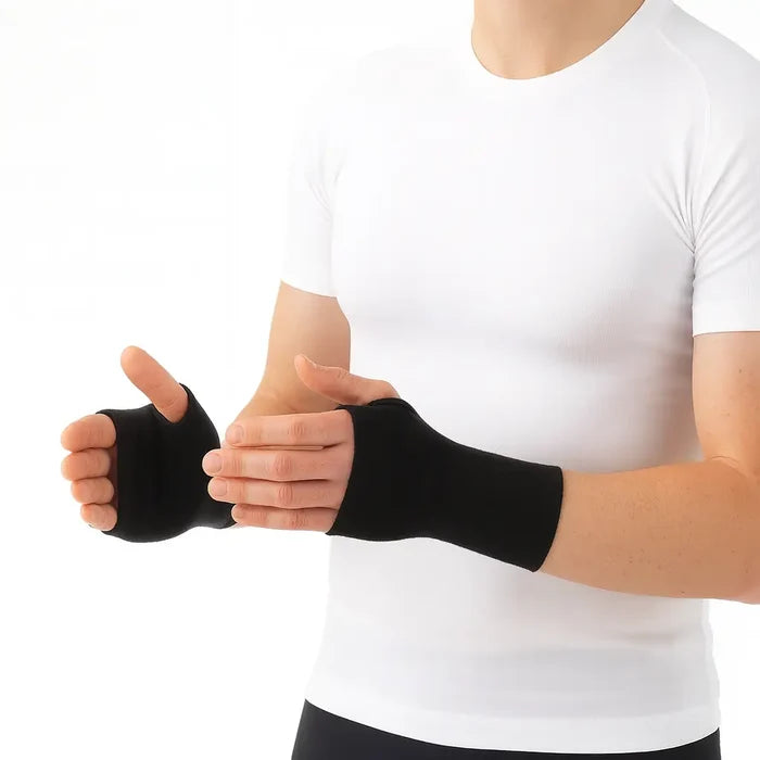 Man wearing a pair of Sub Zero Meraklon thermal wrist warmers on a white background