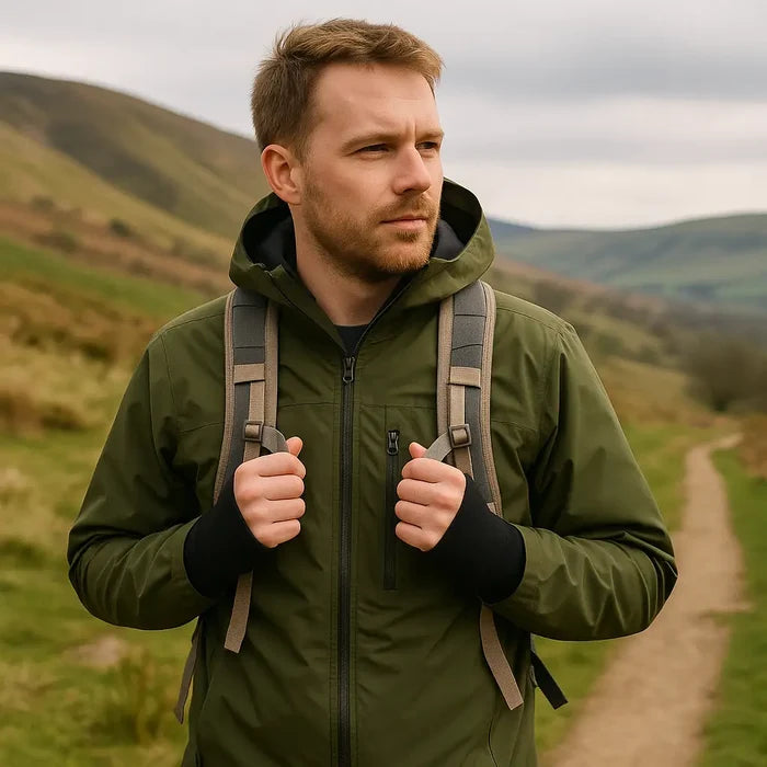 Man in a green jacket with a backpack wearing Sub Zero Meraklon thermal wrist warmers in black whilst walking on a path with hills in the background