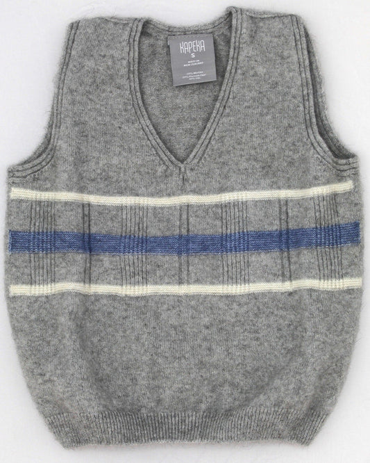 Kids' sleeveless gray and blue striped vest with a round neckline and visible brand tag.