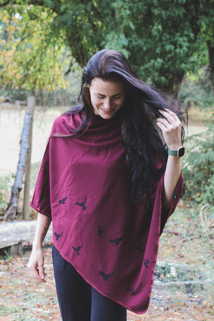 Merlot Poncho with Birds Print