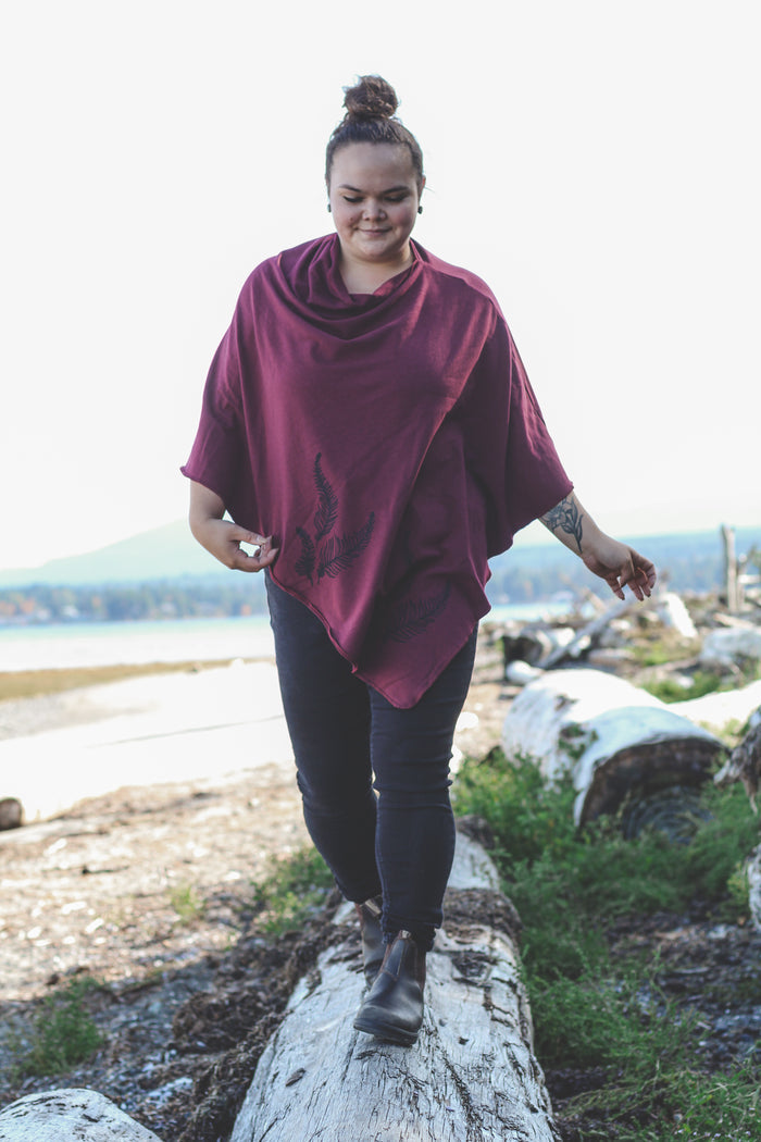 Merlot Poncho with Fern Print