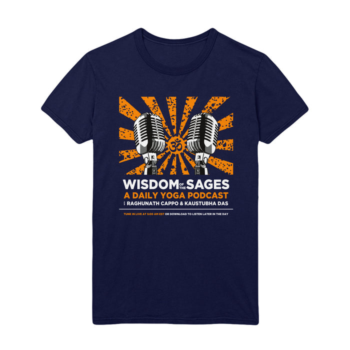 Navy blue t-shirt by Wisdom Of The Sages with two vintage microphones, an orange sunburst, and an Om symbol. Text: Wisdom of the Sages: A Daily Yoga Podcast | Raghunath Cappo & Kaustubha Das.