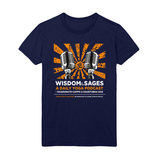 Navy blue t-shirt by Wisdom Of The Sages with two vintage microphones, an orange sunburst, and an Om symbol. Text: Wisdom of the Sages: A Daily Yoga Podcast | Raghunath Cappo & Kaustubha Das.
