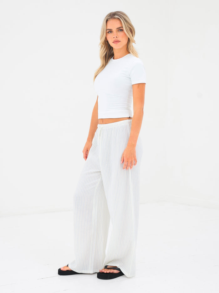 Mila Wide Leg Trousers - White & Blue Stripe