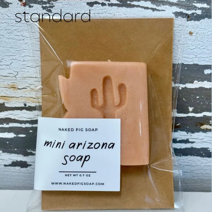 Peach colored cactus shaped soap in plastic wrap on a cardboard backing for a single mini Arizona soap