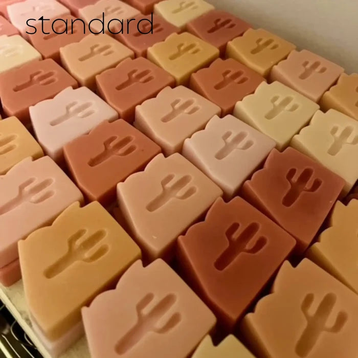 Rows of pastel mini Arizona soap bars stacked with cactus imprint on top.