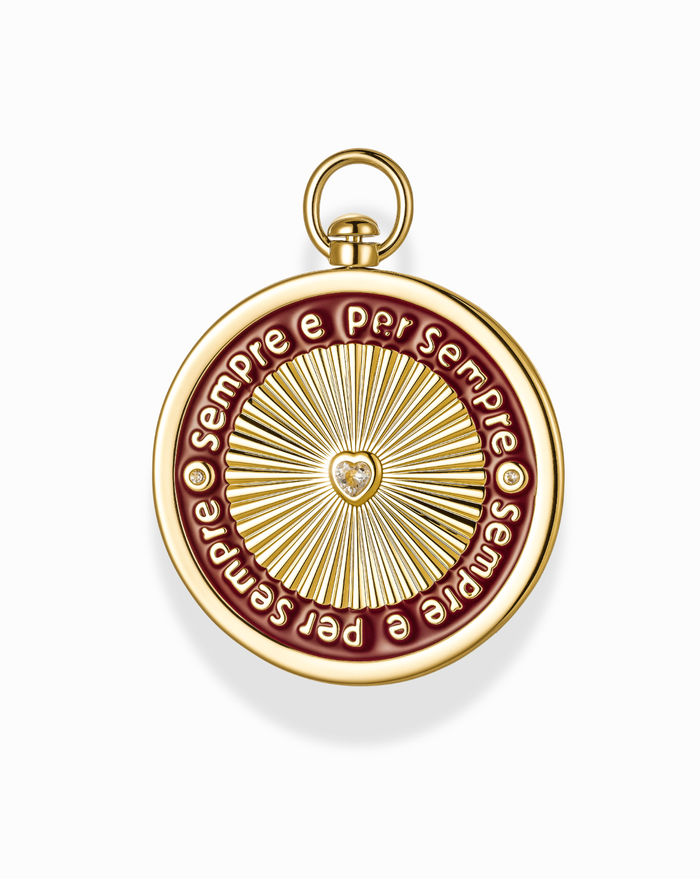 Gold charm with "Always and Forever" embossed surrounded by red enamel. Charm on a white background