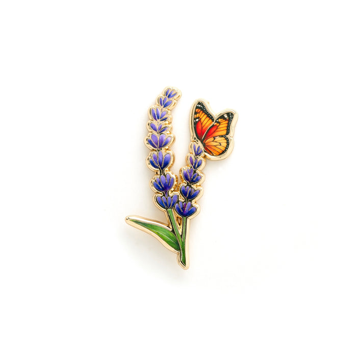 Pair of Monarch And Lavender enamel pins arranged on a white background showing lavender stem and butterfly