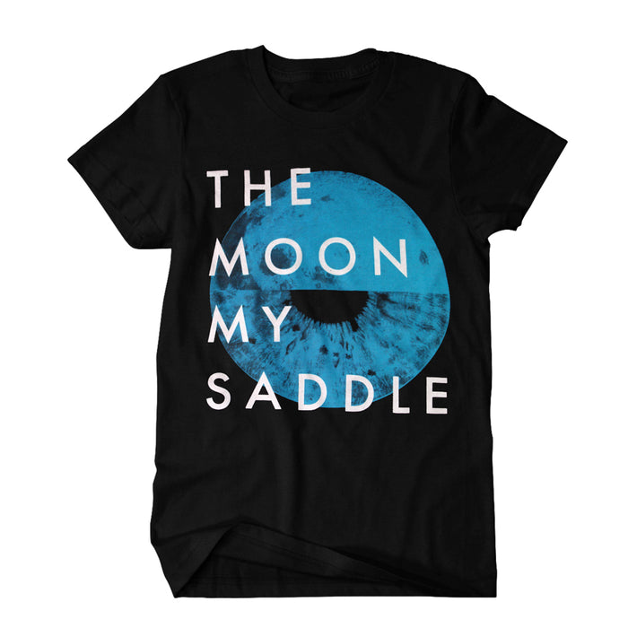 A Chamberlain black T-shirt with a large blue circle featuring an eye texture, overlaid by THE MOON MY SADDLE in bold white uppercase letters.