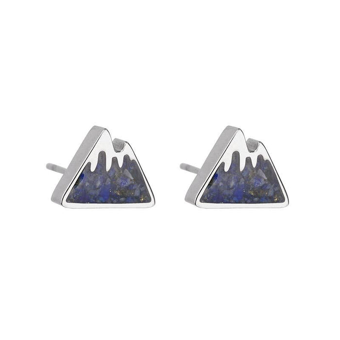 Silver triangle stud earrings with blue sodalite mountain design
