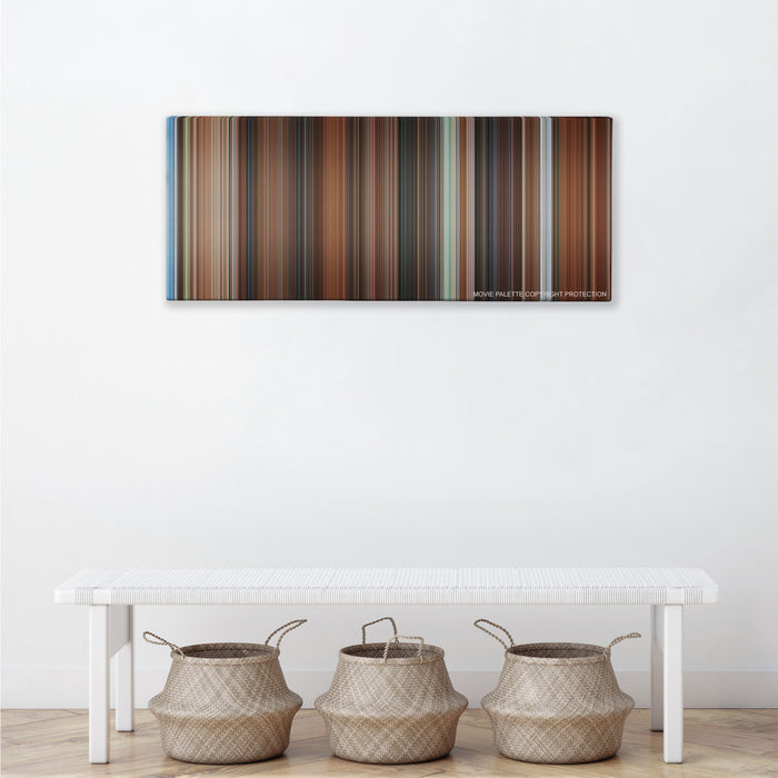 Mr. Deeds color palette canvas above a white bench with three woven baskets