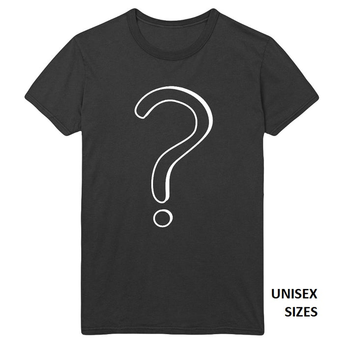 A black unisex Stolen Babies t-shirt with a large white question mark centered on the front. UNISEX SIZES is printed in black at the lower right corner of the image.