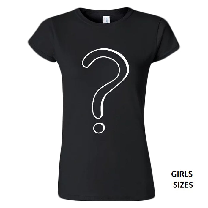 A black fitted Stolen Babies T-shirt featuring a large white question mark on the front, with GIRLS SIZES in the lower right corner.