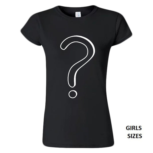 A black fitted Stolen Babies T-shirt featuring a large white question mark on the front, with GIRLS SIZES in the lower right corner.