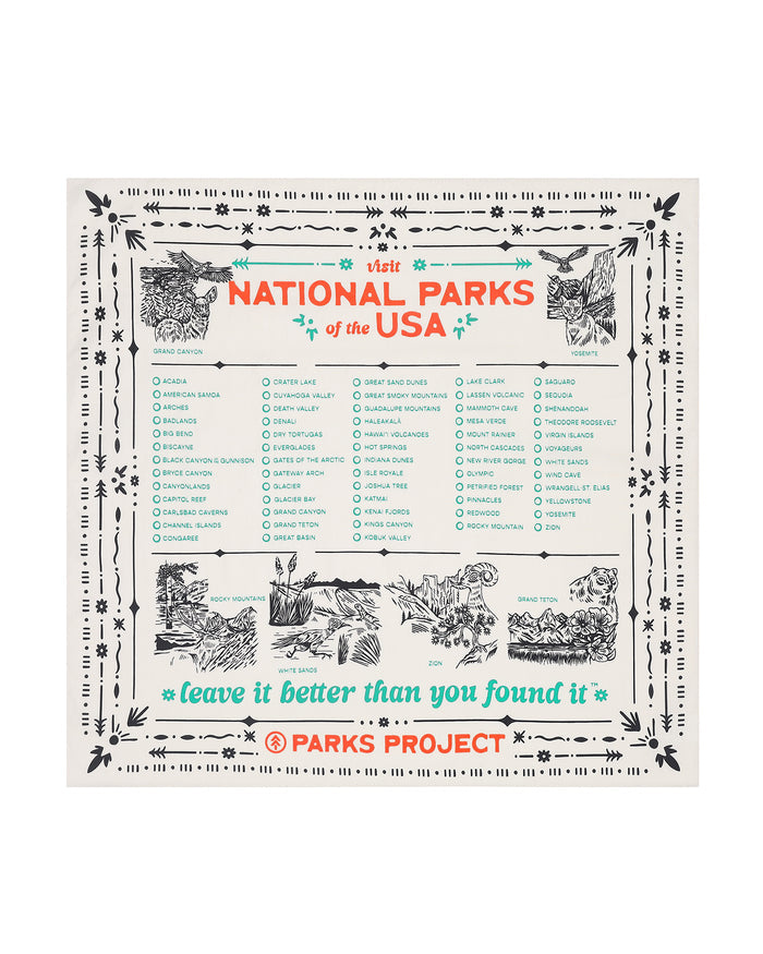 White National Parks Naturalist bandana with vintage National Parks of the USA design and decorative border.