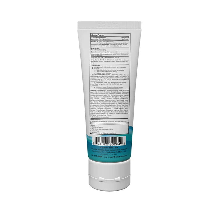 Back of Caribbean Sol Natural Sunscreen SPF 30 tube with drug facts panel and barcode