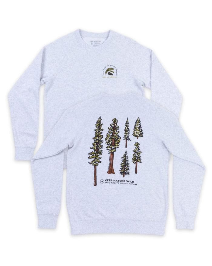 Nature Study Conifers unisex ash crewneck sweatshirt with a small chest logo and a large pine tree graphic on the back