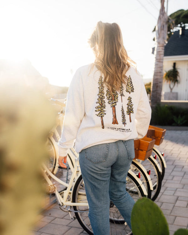 Back view of a person wearing Nature Study Conifers sweatshirt outdoors showing a row of tall conifer trees on the back