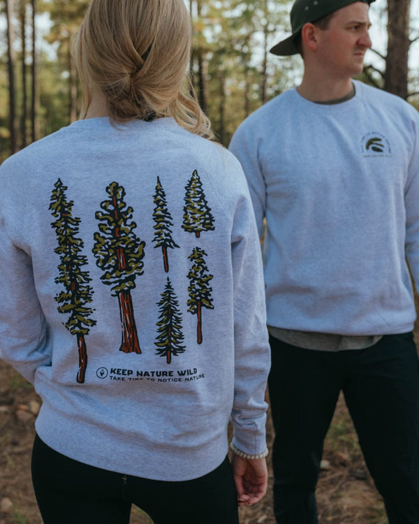 Back view of ash Nature Study Conifers unisex crewneck worn by a woman in a forest, showing tall pine trees on the back.
