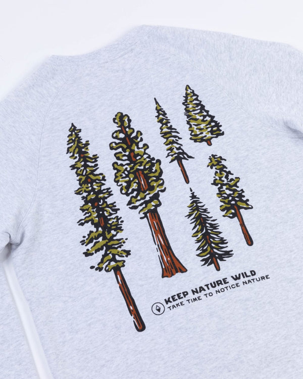 Back close up of a cluster of tall evergreen trees printed on the Nature Study Conifers sweatshirt.