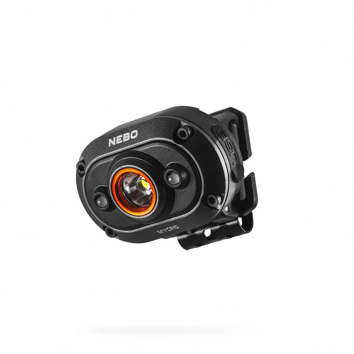 Studio shot on a white background of NEBO Mycro rechargeable 400 lumens LED head torch without the elastic headband