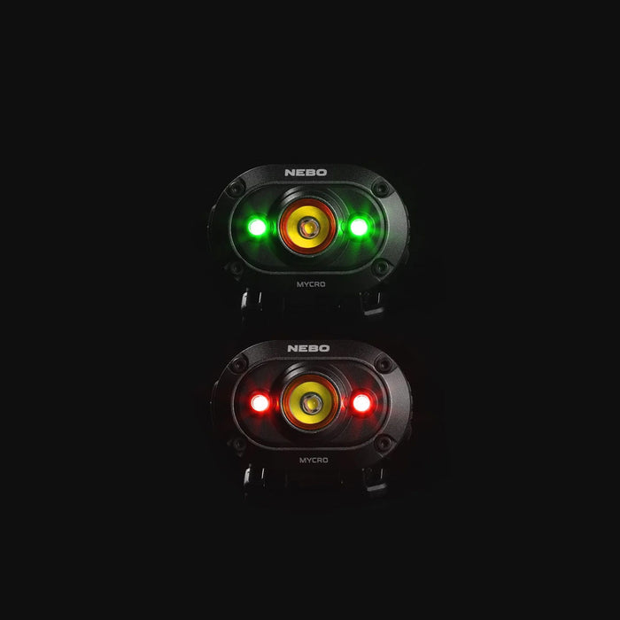 Studio shot on a black background of NEBO Mycro rechargeable 400 lumens LED head torch in green and red light modes