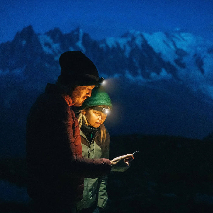 Lifestyle shot of two people outdoors in winter reading using NEBO Mycro rechargeable LED head torches