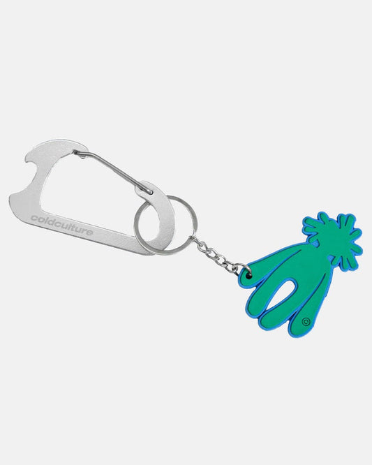 NEW IN TOWN KEYCHAIN - silver carabiner keychain, front view - Cold Culture
