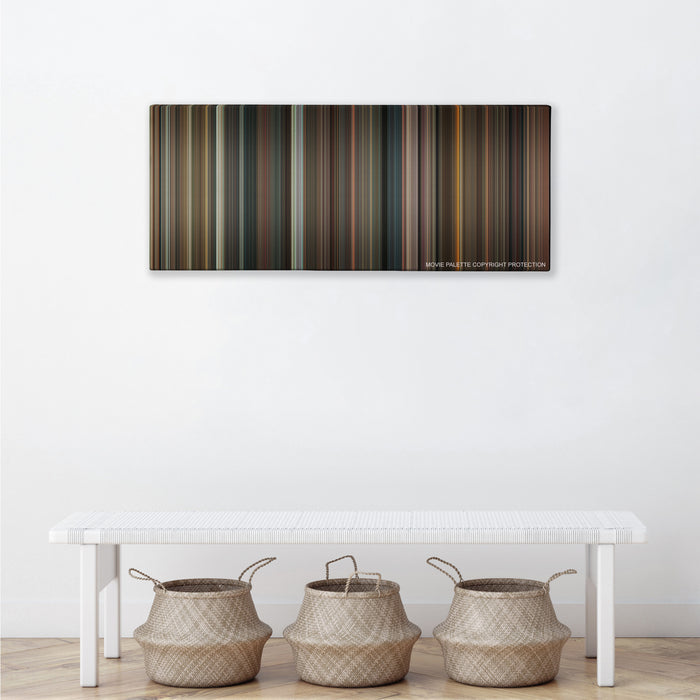 Night at the Museum: Battle of the Smithsonian color palette canvas above a white bench with three woven baskets