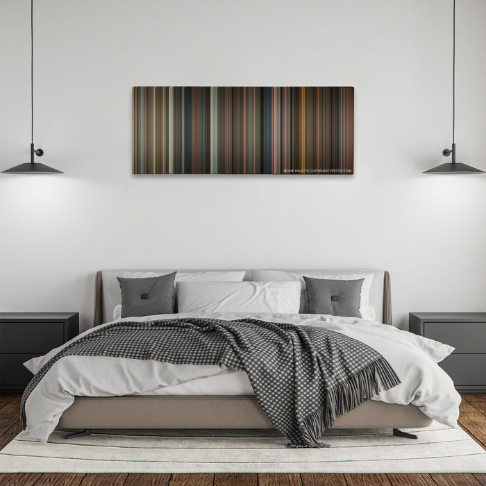 Night at the Museum: Battle of the Smithsonian color palette canvas above a bed, between two black pendant lamps