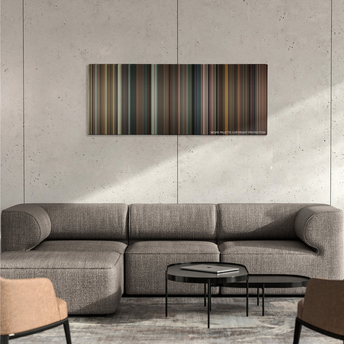 Night at the Museum: Battle of the Smithsonian color palette canvas on a concrete wall above a gray sectional sofa