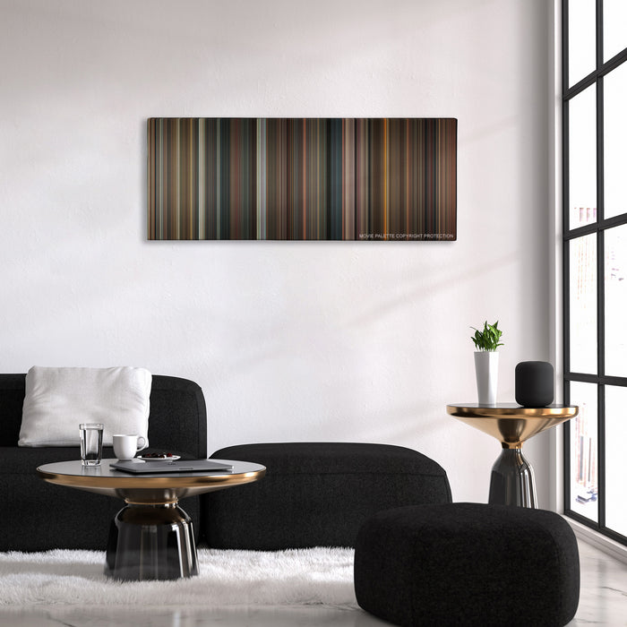 Night at the Museum: Battle of the Smithsonian color palette canvas above a black sofa with a gold-topped table