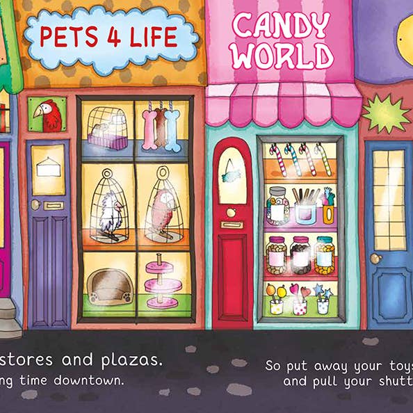 Bright cartoon storefronts on a colorful street with Pets 4 Life and Candy World signs