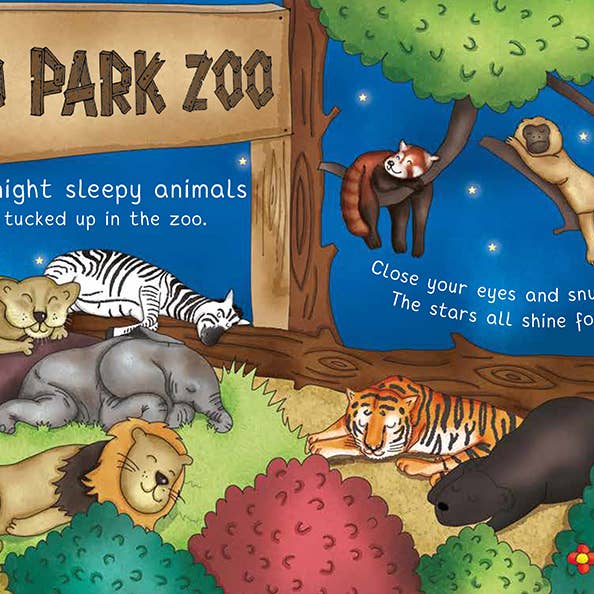 Zoo scene with a PARK ZOO sign and sleeping animals in cages at night