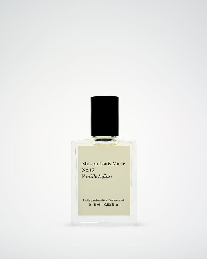 Perfume bottle labeled 'Maison Louis Marie No.15 Vanille Infinite' on a white background