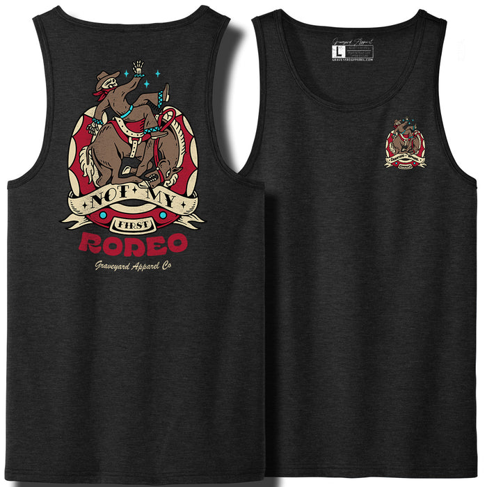 Back view of a black tank top with a Not My First Rodeo skeleton riding a bucking bull graphic.