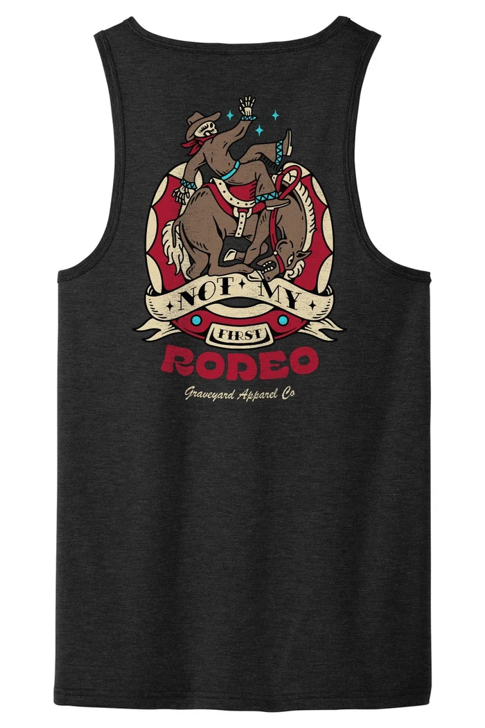 Front view of a black tank top with a large Not My First Rodeo graphic centered on the chest.