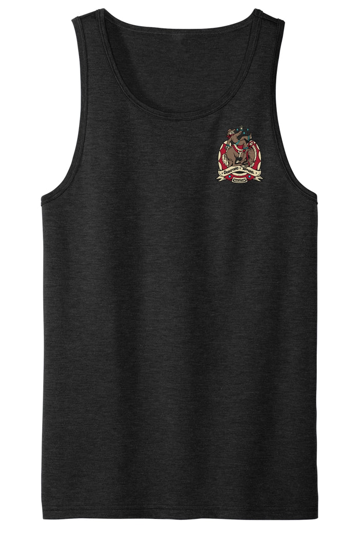 Small Not My First Rodeo crest logo on the left chest of a black tank top.