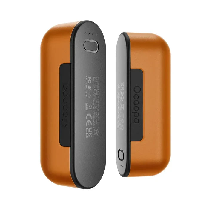 Pair of Ocoopa UT2s rechargeable hand warmers in orange colour shown side by side