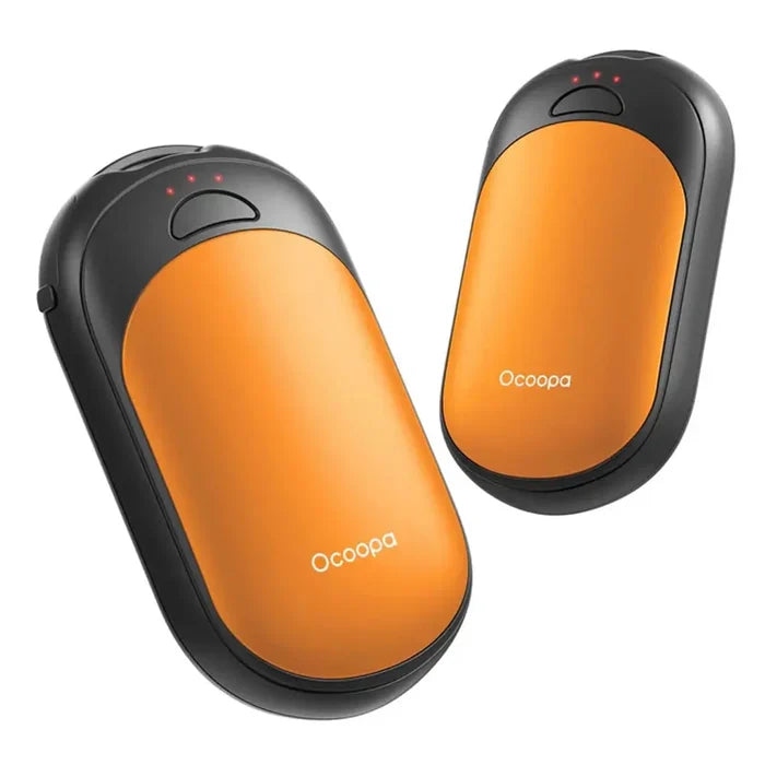 Ocoopa UT3 Lite rechargeable hand warmer showing both halves in orange colour