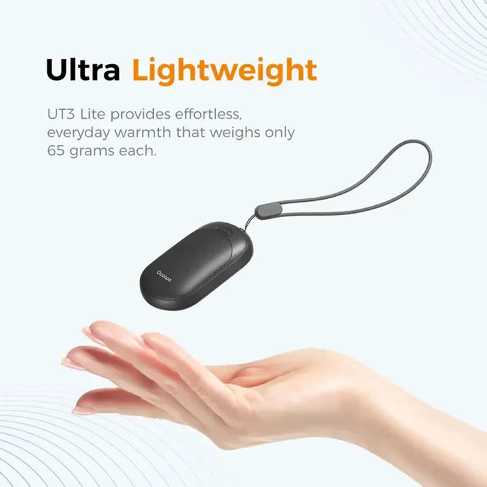 Infographic showing the weight properties of an Ocoopa UT3 Lite rechargeable hand warmer