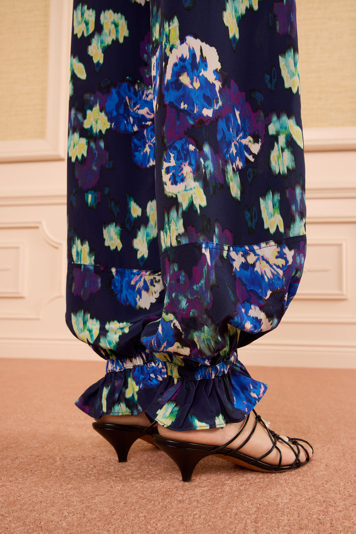 Navy Silk Ikat Floral Pant - Ruffle Cinched Ankle Detail Close-Up | Ulla Johnson