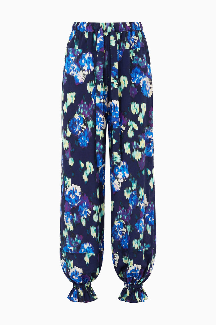 Navy Ikat Floral Silk Designer Balloon Pant - Flat Lay Front View | Ulla Johnson