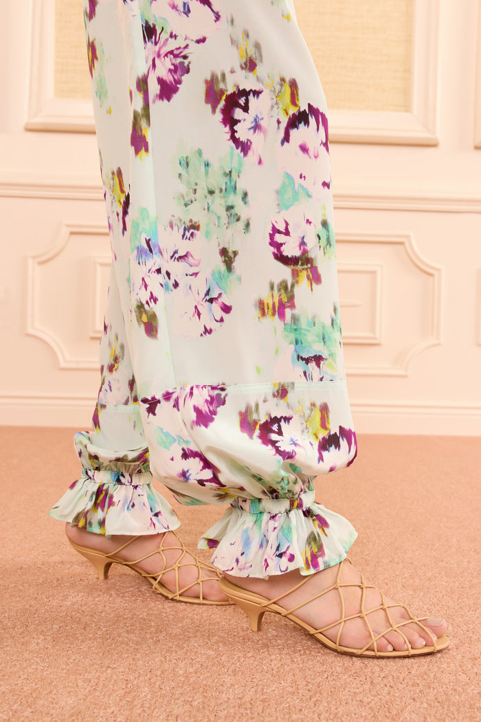 Oasis Silk Cinched Pant Ruffled Ankle Cuff Detail - Close-Up | Ulla Johnson