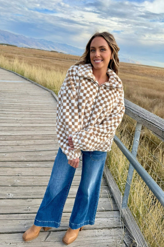 checkered sherpa long sleeve zip up jacket