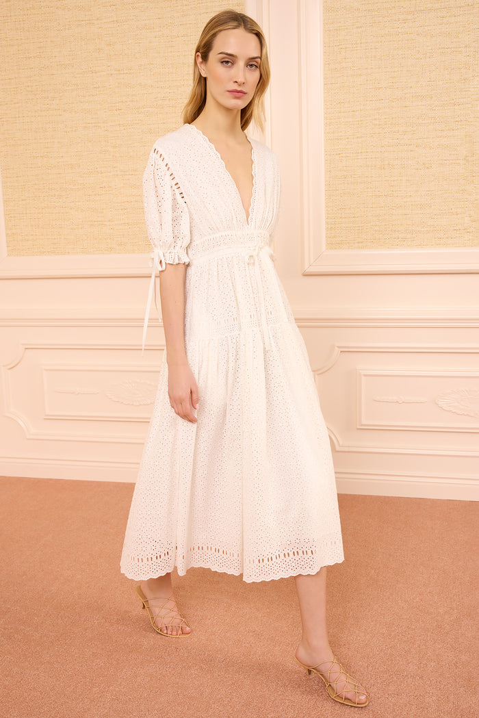 Pristine White Eyelet Cotton Midi Dress - Three-Quarter Front View | Ulla Johnson