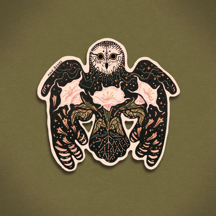 Owl and Moonflowers sticker showing a pale owl with dark wings and pink moonflowers on an olive background