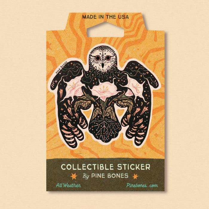 Owl and Moonflowers collectible sticker on orange packaging card with Made in the USA text