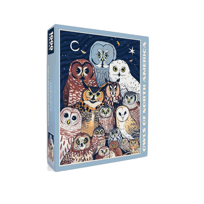 Jigsaw puzzle box showing a crowded owl illustration against a deep blue night sky