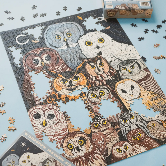 Partial Owls of North America puzzle in progress with several assembled owls and loose pieces on a blue surface.